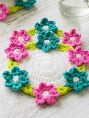 Handmade Crochet Floral Coaster - White, Pink & Teal